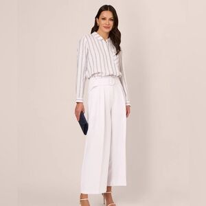 ADRIANNA PAPELL Button Up LINEN SHIRT LONG SLEEVES IN WHITE and GREY stripes